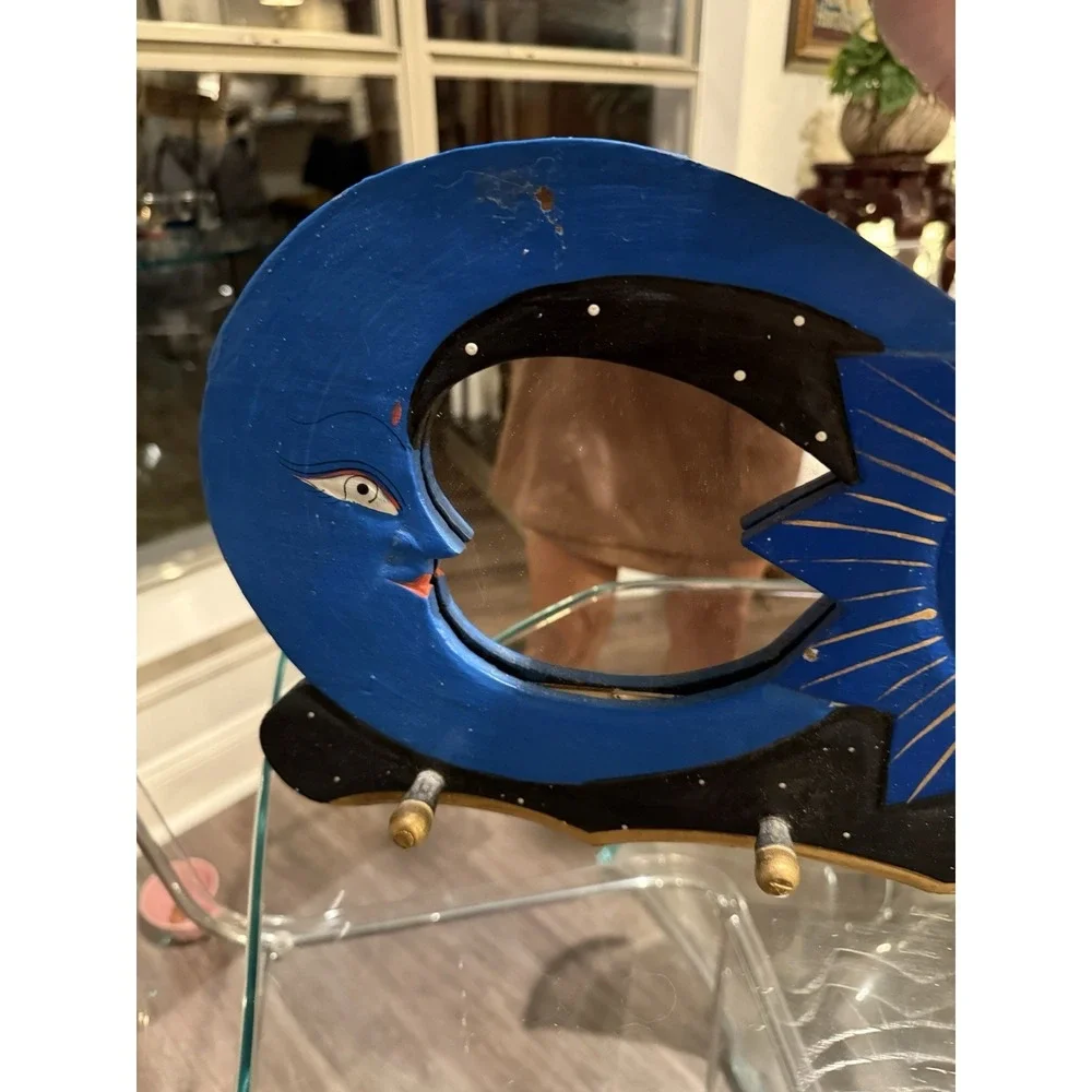 Vintage 90s Hand Painted Sun Moon Celestial Wall Mirror Coat Hooks Blue Black